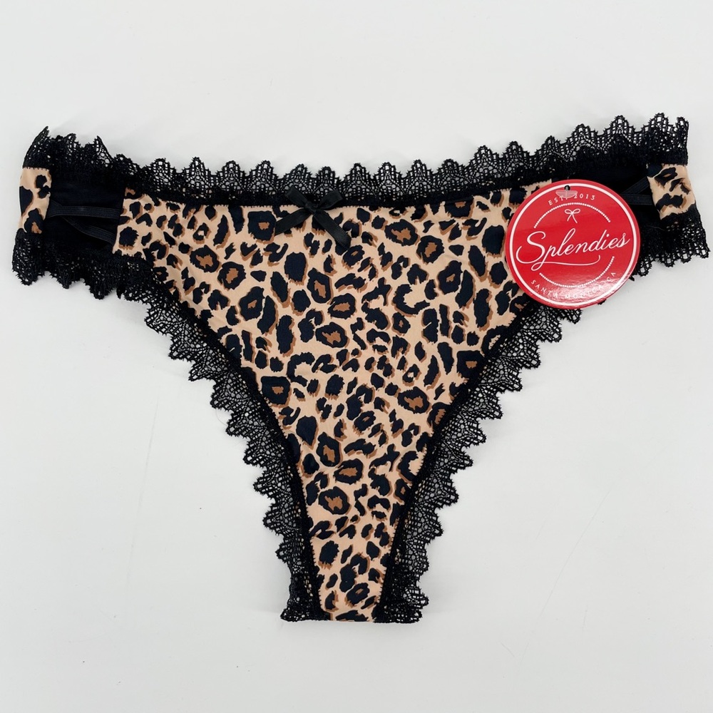 Splendies Women’s Thong Panties Beige Leopard Animal Print Lace M New
